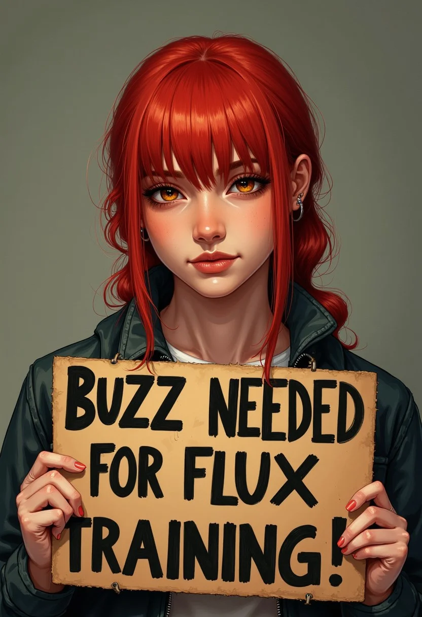 makima, red hair, miss makima from chainsaw man holding a sign saying buzz needed for flux training