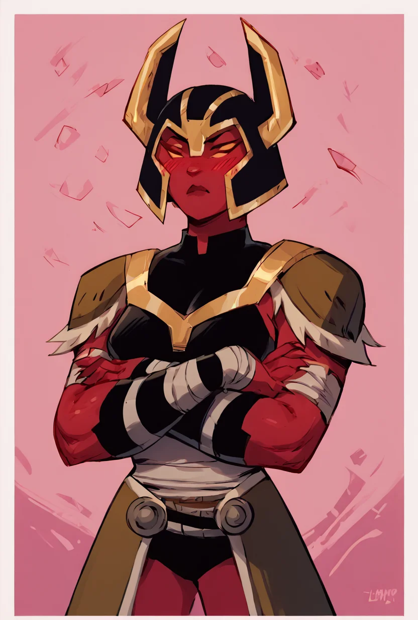 score_9, score_8_up, score_7_up,,  good quality ,, character focus, solo, , best quality ,    <lora:looma-09:1>  looma, solo, red skin, armor, 1girl, bandages, shoulder armor, helmet, horns,  crossed arms, white borders, simple background, pink background, blushing, abstract background,  <lora:Gerph-V2:1> GERPH_style