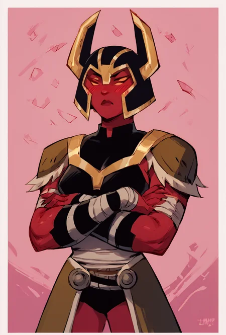 score_9, score_8_up, score_7_up,,  good quality ,, character focus, solo, , best quality ,    <lora:looma-09:1>  looma, solo, red skin, armor, 1girl, bandages, shoulder armor, helmet, horns,  crossed arms, white borders, simple background, pink background, blushing, abstract background,  <lora:Gerph-V2:1> GERPH_style