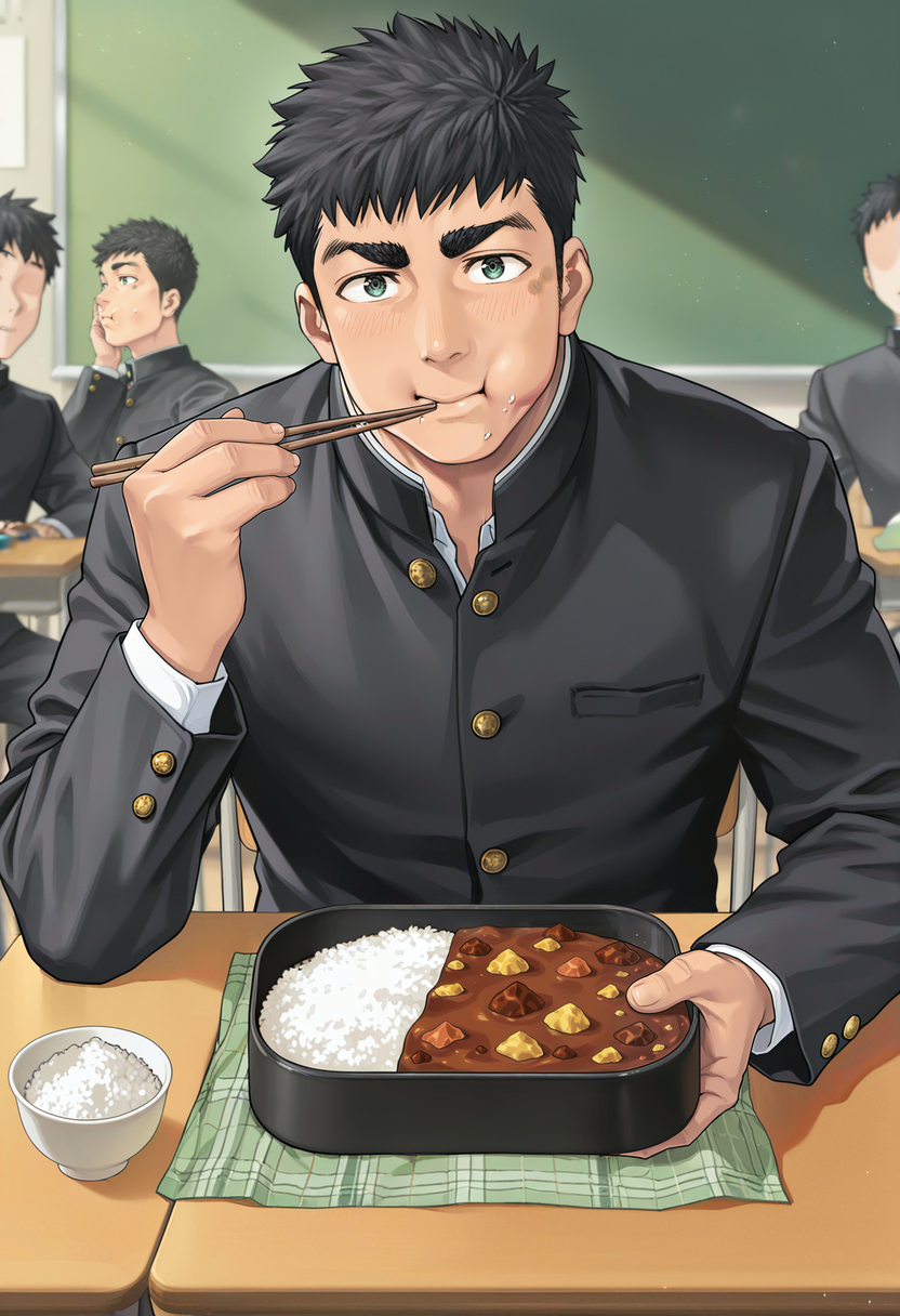 <lora:Kinokura_Gen_Futari_Solo_Camp:1>,
SmoothNoob_Quality, embedding:SmoothNoob_Quality, masterpiece, best quality, very aesthetic, anime screenshot,  1boy, knkr4_g3n, black_g3n_hair, green_g3n_eyes, male focus, solo, g3n_mark, (alt), anime coloring, mature male, gakuran, pov, eating, food, curry rice, rice on face, holding chopsticks, lunchbox, arm rest, looking at viewer, classroom, people, faceless, shadow, dynamic pose, dynamic action, intricate lighting,