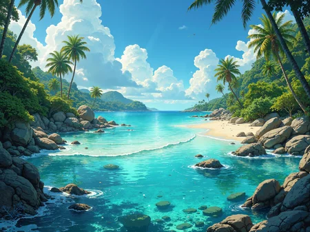 Pristine lagoon with crystal-clear turquoise waters, unspoiled sandy shores surrounded by untouched verdant rainforest, gentle waves caressing the beach, vibrant coral reefs teeming with colorful marine life, scattered native palm trees swaying with a soft breeze, delicate clouds dotting the azure sky, sunlight streaming in golden beams creating shimmering reflections on the water surface, immersive tranquility, detailed 8k resolution, exquisite composition, captivating harmony between land and sea, peaceful and untouched natural sanctuary <lora:Let_It_Blaze_in_Crimson_anime_v1.0:0.5> <lora:sxz-Dark-Fantasy-v2-Flux:0.5> <lora:flux_dev:1>