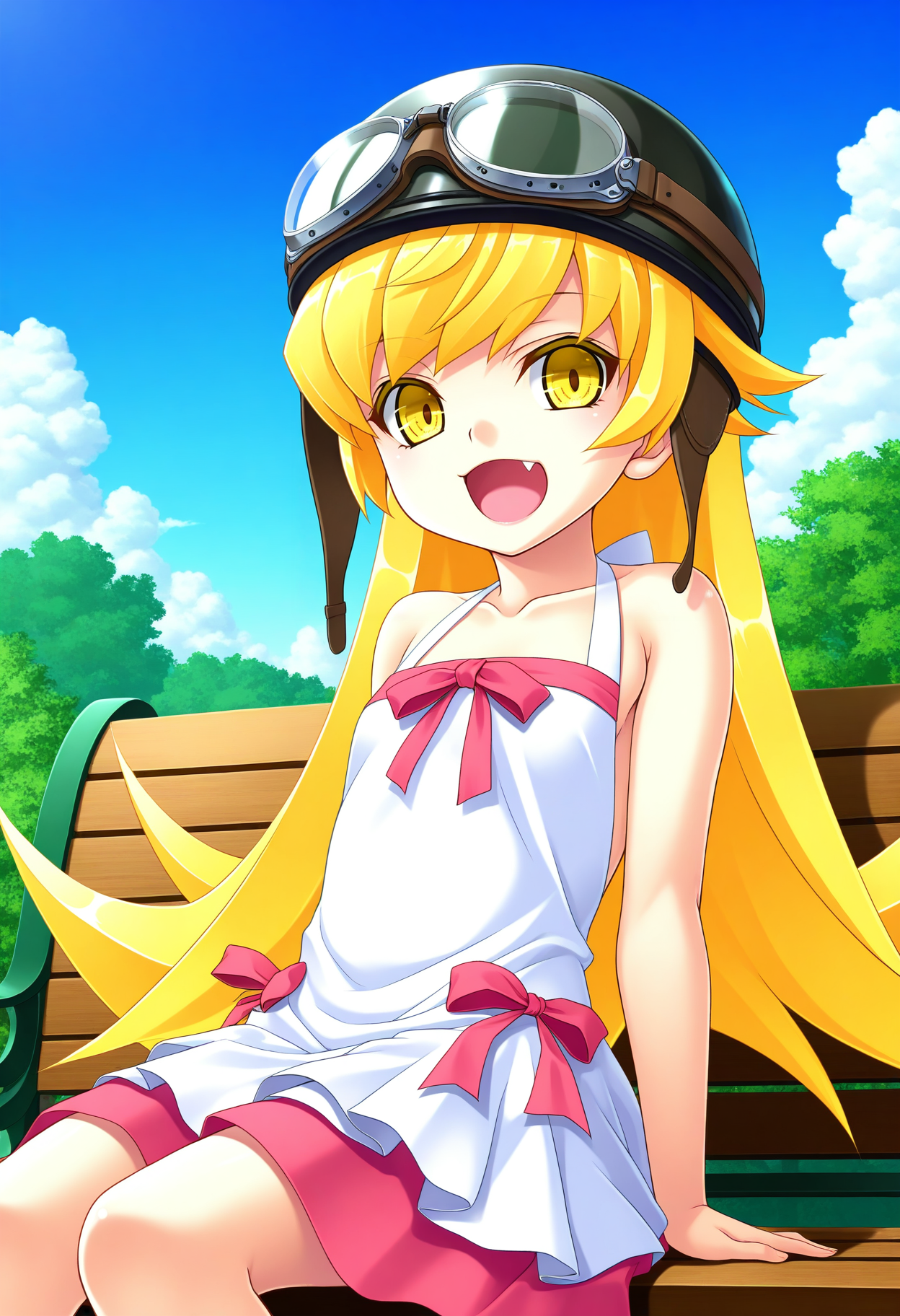 1girl, solo, looking at viewer, park bench, outdoors, sitting, smile, cowboy shot, oshino shinobu, open mouth, long blonde hair, 
dress, bare shoulders, yellow eyes, fang, black helmet, goggles on helmet,
BREAK outdoors, park bench, sky, day, cloud, shinobu_mytyl <lora:shinobu_mytyl_IL:0.6>