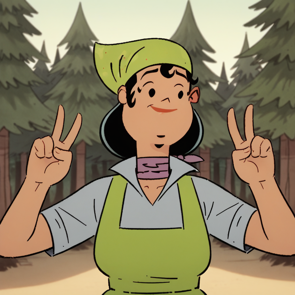 score_9_up, score_8_up, BREAK, RamonaFlores, 1girl, solo, black eyes, hat, shirt, short sleeves, green apron, cowboy shot, forest,  <lora:RamonaFlores_KidCosmic_PXL_Leaf1:1>, double v,