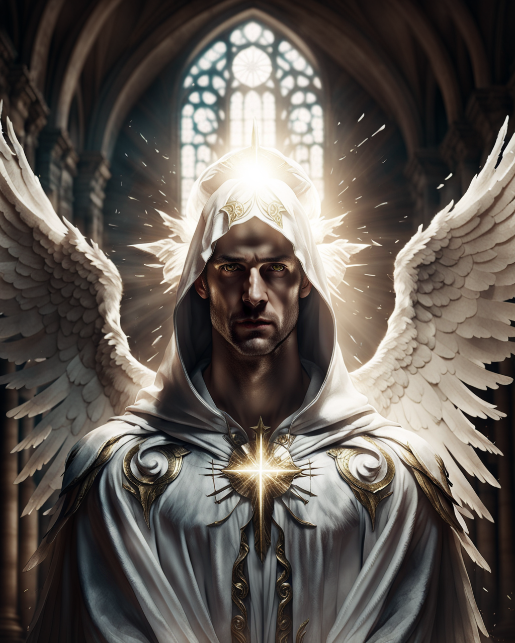 closeup portrait of a male angel wearing brilliant white robes, AngelicStyle #cinematic <lora:SDXLAngelic:0.8> spread arms, cloak, hood, bright Christian cathedral, powerful, angelic, by lee jeffries nikon d850 film stock photograph 4 kodak portra 400 camera f1.6 lens rich colors hyper realistic lifelike texture dramatic lighting unrealengine trending on artstation cinestill 800