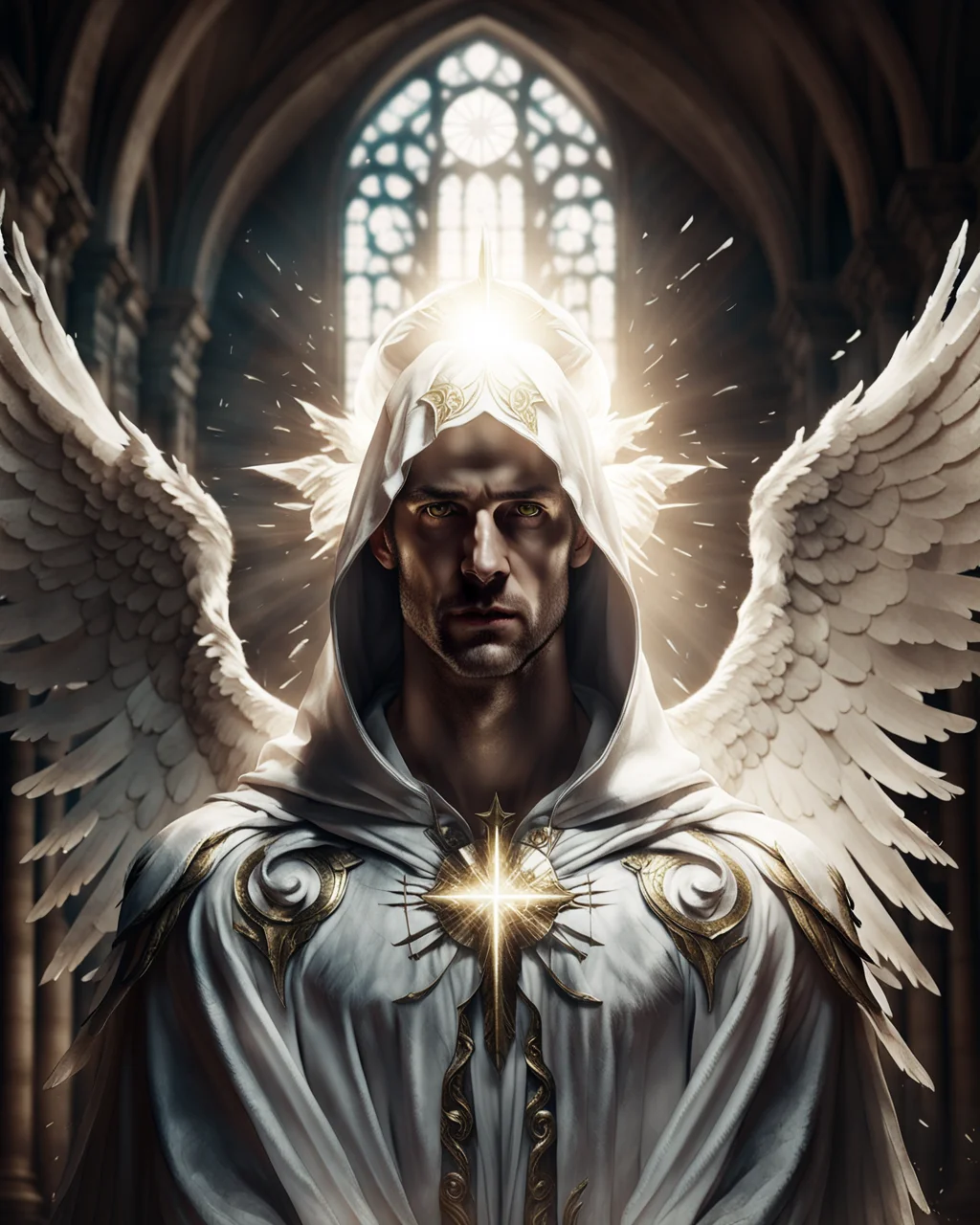closeup portrait of a male angel wearing brilliant white robes, AngelicStyle #cinematic <lora:SDXLAngelic:0.8> spread arms, cloak, hood, bright Christian cathedral, powerful, angelic, by lee jeffries nikon d850 film stock photograph 4 kodak portra 400 camera f1.6 lens rich colors hyper realistic lifelike texture dramatic lighting unrealengine trending on artstation cinestill 800