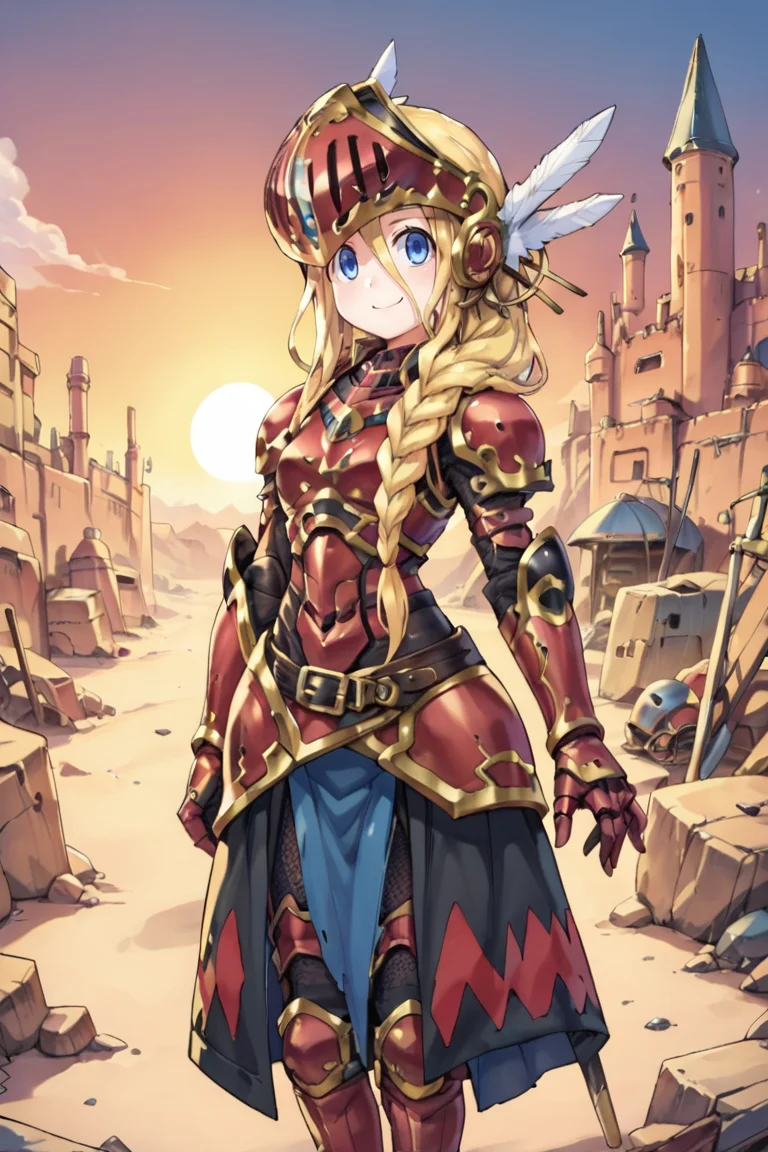 (score_9, score_8_up, score_7_up, score_6_up), source anime, BREAK, <lora:Aegina:0.7> , aegdef, 1girl, blonde hair, long hair, braid, blue eyes, valkyrie, visor (armor), winged helmet, armored dress, armor, gauntlets, boots, smile, closed mouth, looking at viewer, solo, cowboy shot, <lora:zy_Detailed_Backgrounds_v1:0.5> , detailed background, highly detailed,  castle, fortress, wasteland, desert, sunset, <lora:CyanVanilla:0.55> , cyanbl, sunset atmosphere, cyan shadows,