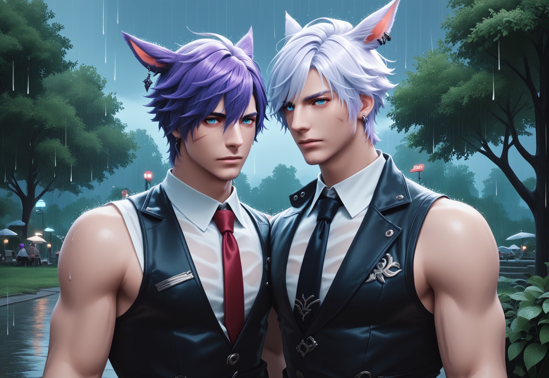dt_xiv_style, looking at viewer, short hair, blue eyes, shirt, animal ears, jewelry, jacket, purple hair, white hair, male focus, earrings, outdoors, multiple boys, necktie, sleeveless, 2boys, tree, rain, miqo'te, score_9, score_8_up, score_7_up, score_6_up, score_5_up, score_4_up,