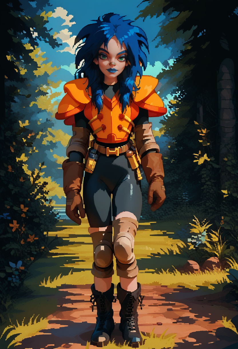Kylie_Griffin, 1girl, solo, pale skin, orange armor, (black boots:1.1), navy blue hair, navy blue lipstick, navy blue eyeshadow, green eyes, knee pads, belt, elbow pads, black bodysuit, brown gloves,  full body shot, looking at viewer, <lora:KylieGriffinPonyTestGen2V3:0.9>,   <lora:d3p1x3lXLP:1> d3p1x3l, pixel art, score_9, score_8_up, score_7_up,