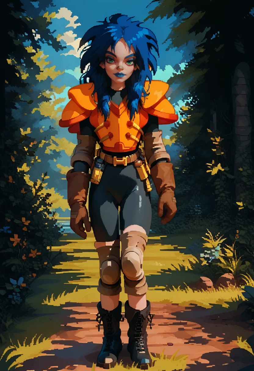 Kylie_Griffin, 1girl, solo, pale skin, orange armor, (black boots:1.1), navy blue hair, navy blue lipstick, navy blue eyeshadow, green eyes, knee pads, belt, elbow pads, black bodysuit, brown gloves,  full body shot, looking at viewer, <lora:KylieGriffinPonyTestGen2V3:0.9>,   <lora:d3p1x3lXLP:1> d3p1x3l, pixel art, score_9, score_8_up, score_7_up,