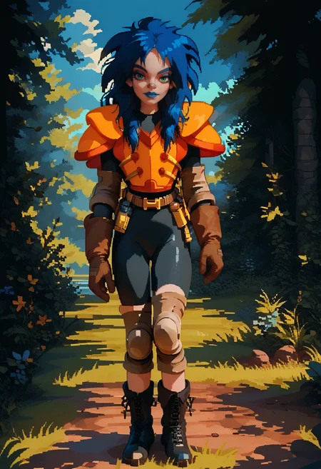 Kylie_Griffin, 1girl, solo, pale skin, orange armor, (black boots:1.1), navy blue hair, navy blue lipstick, navy blue eyeshadow, green eyes, knee pads, belt, elbow pads, black bodysuit, brown gloves, full body shot, looking at viewer, <lora:KylieGriffinPonyTestGen2V3:0.9>, <lora:d3p1x3lXLP:1> d3p1x3l, pixel art, score_9, score_8_up, score_7_up,
