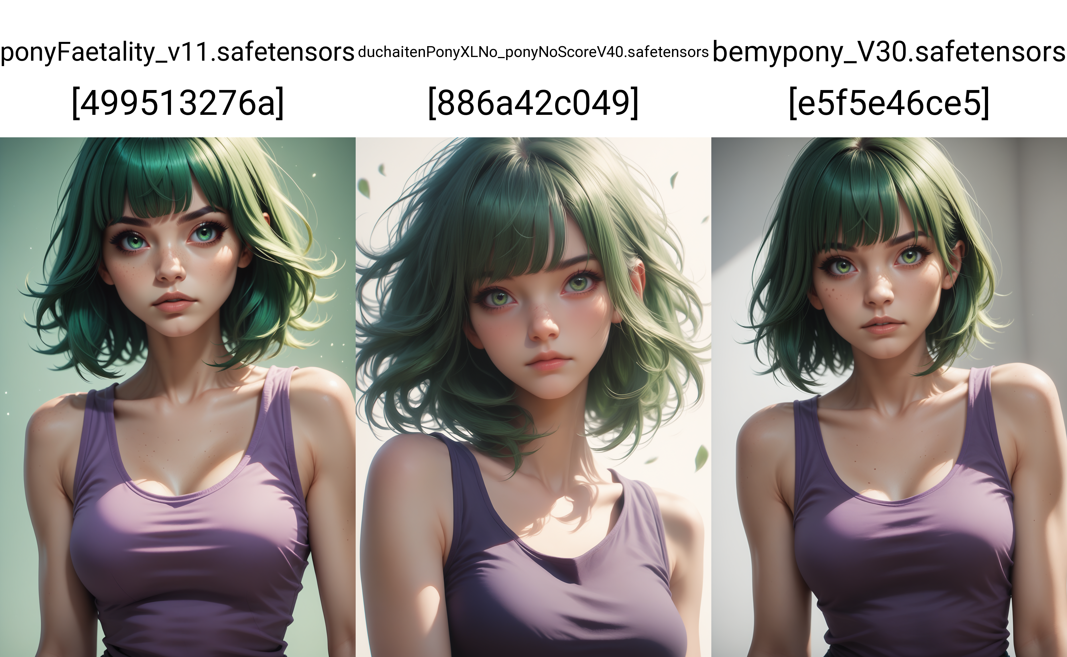 score_9, score_8_up, score_7_up, rating_safe,
1girl, solo, purple tank top,
 <lora:Dark_Sylvie_Pony_v0.1:0.5> d4rksylv13, bangs, green hair, green eyes,