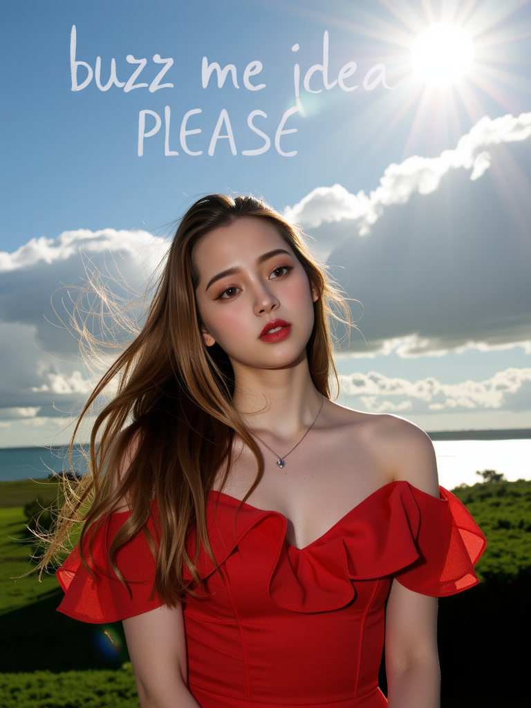 (text "buzz me please" in sky:1.6),There are wonderful studio lights and various reflections,her thin face is very delicate,skin naturally showing the texture of blood vessels,detailed pale skin,
18yo beautiful cute girl with blushing and female orgasm,
the sidelight outlines her sexy body curves,cowboy shot,light smile,
--,
<lora:Artificial_Girl_type1_f1a_rank2_bf16:1>,
--,
This is a surreal Gothic style art photo. She is wearing a red off-shoulder tulle dress. The wind is blowing, and her long hair is fluttering in the wind. It is sunny and rainy, and the heavy rain wets her beautiful face. The background is huge waves and the Tyndall light shining through the clouds.,,