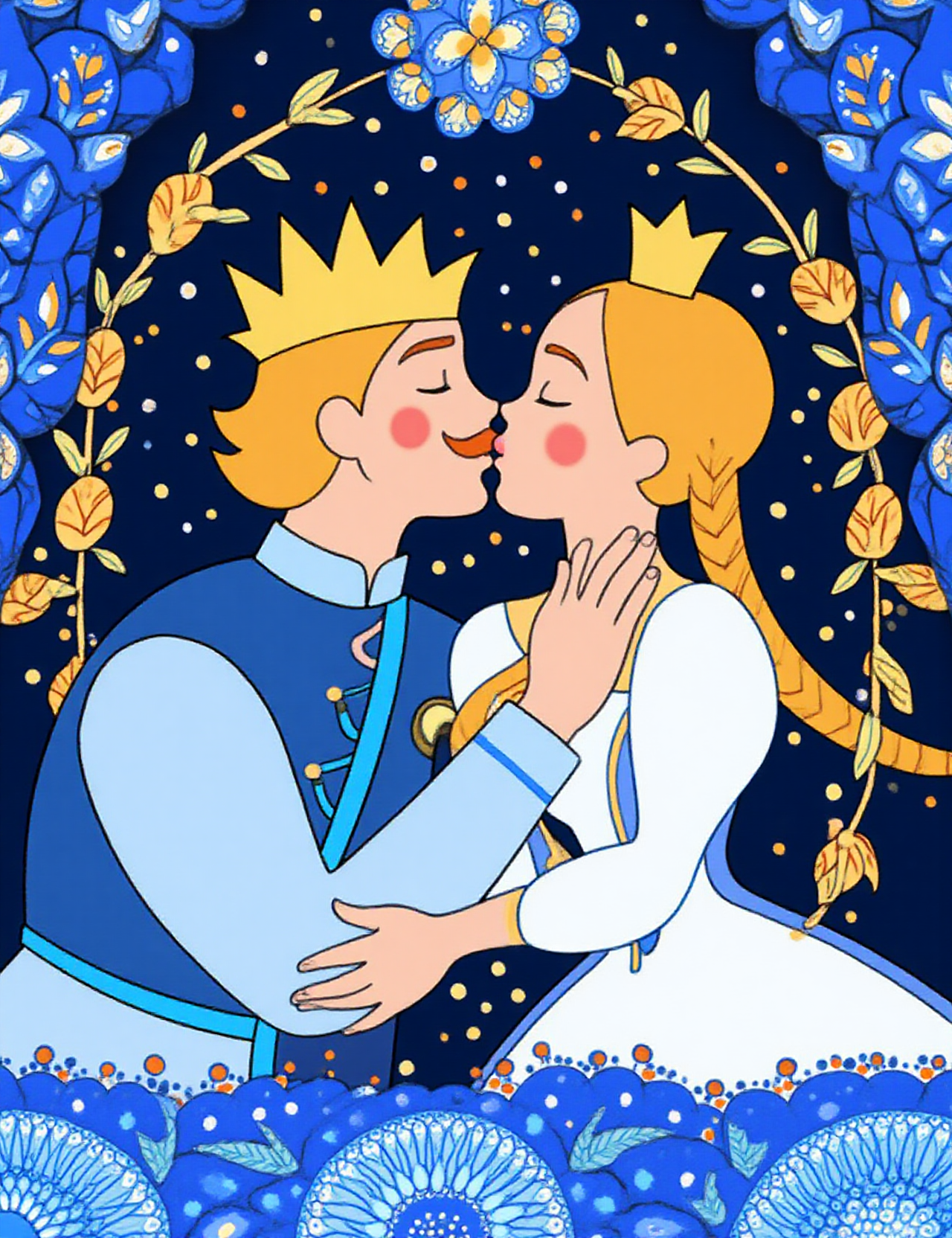 Folk tale in the style of hunfolstyle, featuring a romantic scene of a prince and princess sharing a kiss. The prince, on the left, has blonde hair, a golden crown, and a mustache. He wears a blue vest over a light blue shirt, with a small, intricate pattern on the vest. The princess, on the right, has long, blonde hair braided over her shoulder and wears a white dress with a blue and gold pattern. She also has a small crown. Both characters are depicted with rosy cheeks, closed eyes, and slightly parted lips, suggesting a tender moment.
The background is a dark blue night sky dotted with white stars, creating a serene and dreamy atmosphere. Surrounding the central figures are intricate, swirling patterns in blue and white, resembling flower petals or snowflakes, adding a sense of depth and texture to the image. The overall style is whimsical and fairy-tale inspired, with bold, clean lines and vibrant colors. The image evokes a sense of magical, romantic enchantment, typical of fairy tales or bedtime stories. 
