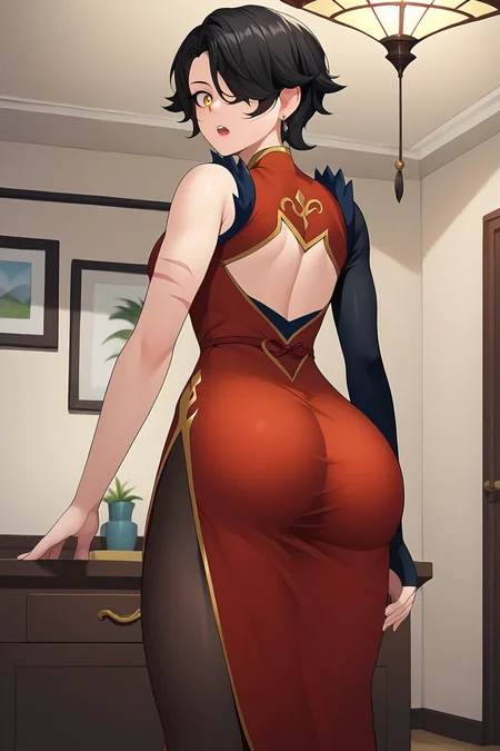 score_9, score_8_up, score_7_up, score_6_up, BREAK, CinderFallRWBYXL, yellow eyes, black hair, short hair, hair over one eye, scar on face, earrings, medium breasts, single bare shoulder, chinese clothes, red dress, long sleeve, black elbow glove, single elbow glove, black pantyhose, solo, standing, from behind, ass focus, big ass, ass, surprised, looking at viewer, indoors <lora:CinderFallRWBYXL:1>