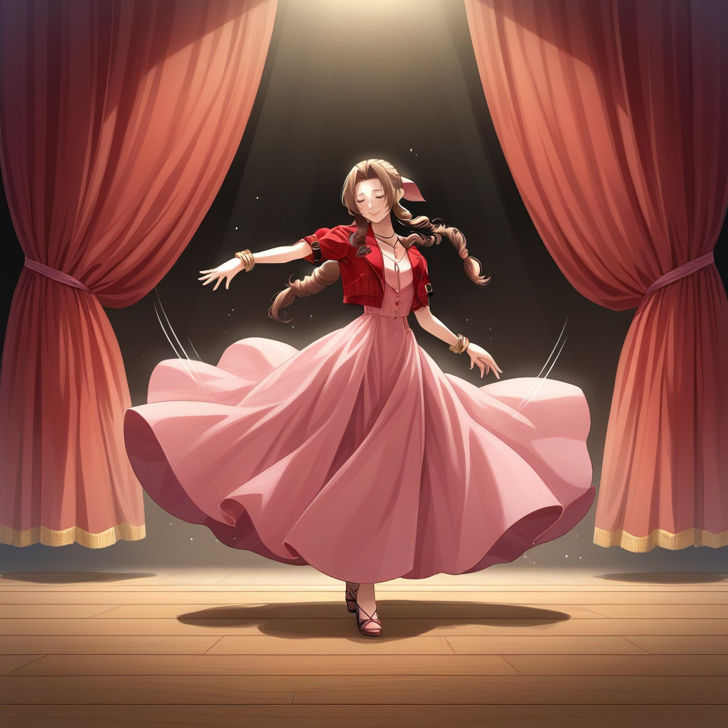 score_9, score_8_up, score_7_up, score_6_up, score_5_up, score_4_up, zPDXL2,source_anime,rating_questionable, 1girl, solo, dancing, motion lines, smile,aerith gainsborough      , long dress, thigh slit, eyes closed, cowboy shot,  <lora:Theater_Stage:0.7> th34t3r, indoors, stage, red curtains, wooden floor