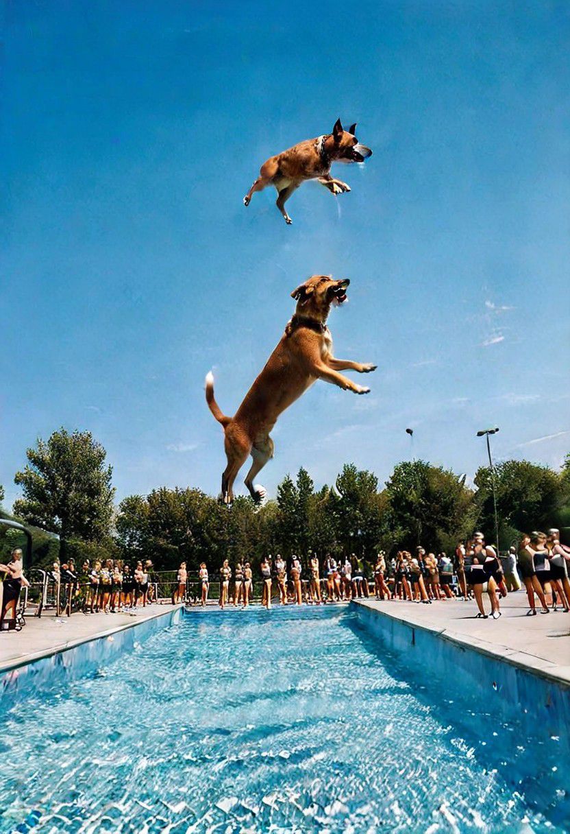 F-B-C, foreground: a dog looking up with its mouth open, background: people jumping off a pool diving platform, effect: people jumping into the dog's mouth