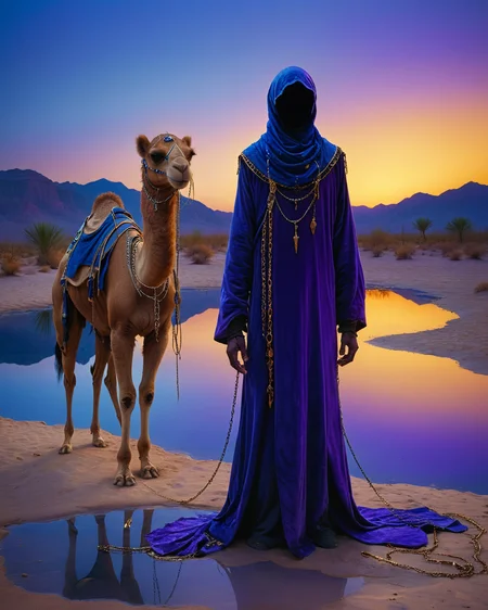 hooded human sorcerer standing at a desert oasis, purple velvet, chains, water, reflections, blue hour, intense colors, high contrast,
facing camera, camel, warriors, (intense colors:1.7), <lora:add-detail-xl:1.0>, <lora:xl_more_art-full_v1:0.4>, <lora:XSfenlie:1> fenliexl, <lora:lora:1>, realistic photo