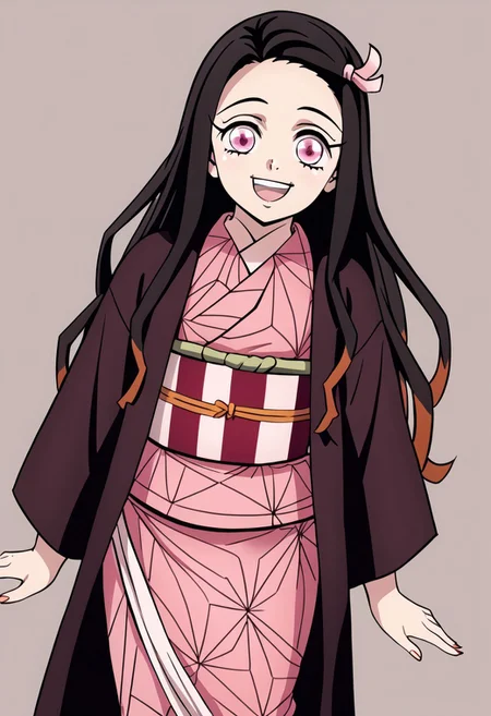Kamado_Nezuko, pink kimono, red and with obi, happy, looking at the viewer