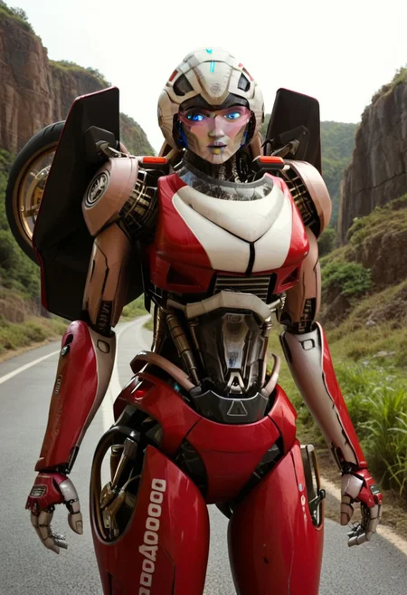 score_9, score_8_up, score_7_up, screencap, detailed eyes, ArceeROTB, autobot, 1girl, solo, red and white body, mechanical parts, robot, helmet-like head, robotic face, glowing blue optics, wheels on back, ducati printed on right leg, autobot forehead symbol, fairing-like chest, blue eyes, narrow waist, unique pose, sunny, highway, sunlight, looking up, pink visor