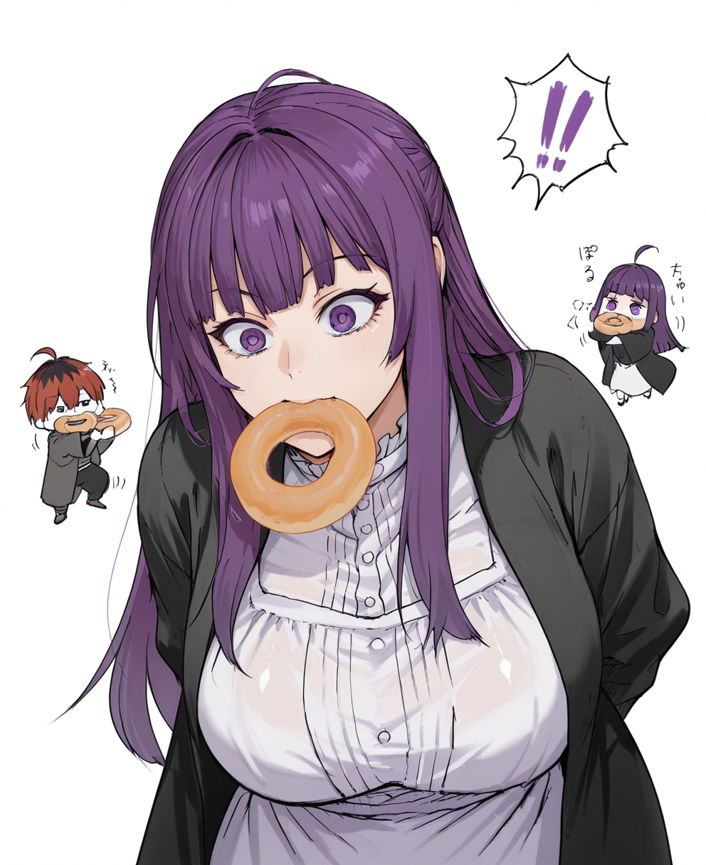 <lora:rksaCIVITAI:1> rksa,
(masterpiece), (best quality), (ultra-detailed), amazing quality, very aesthetic, illustration, perfect composition, intricate details, absurdres, incredibly absurdres, shiny skin, realistic,
 rksa, purple hair, purple eyes, food, doughnut, 2girls, long hair, 1boy, black coat, multicolored hair, white dress, spoken exclamation mark, multiple girls, cut bangs, blunt bangs, dress, , ahoge, straight hair, long sleeves, short hair, food in mouth, shirt, red hair, coat, white background, streaked hair, frilled collar, eating, chibi, sidelocks, tone hair, black robe, , black hair,  food, , open mouth, mouth hold, simple background, jacket, general