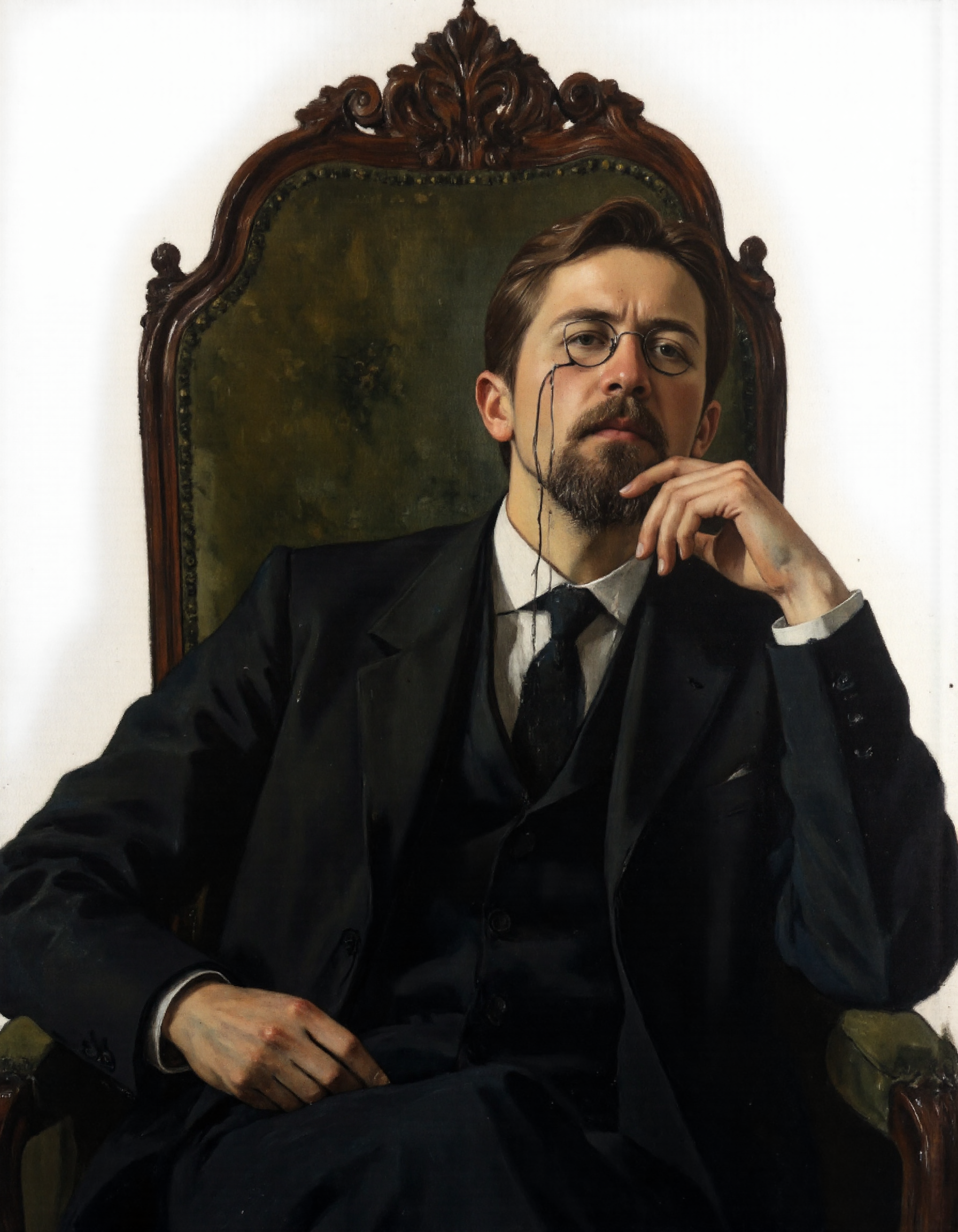 Rembrandt style, <lora:Dark_Ghibli:0.6>, This is a highly detailed, realistic oil painting of a middle-aged man seated in an ornate, high-backed chair with carved wooden arms. The man is dressed in formal attire, wearing a dark suit with a white shirt and a dark tie, and he is adorned with a neatly trimmed beard and mustache. He is gazing contemplatively into the distance with a serious expression, resting his chin on his right hand. The man's hair is neatly combed, and he is wearing round, wire-rimmed glasses that reflect light. The chair he sits in is upholstered in a deep green fabric, adding a touch of elegance to the scene. The background is plain white, ensuring that the subject and the chair are the focal points. The painting is executed with meticulous attention to detail, capturing the textures of the fabric, the smoothness of the wooden chair, and the fine lines of the man's facial features. The overall style is classical, reminiscent of 19th-century portraiture, with a focus on realism and depth. The painting's lighting is soft and even, highlighting the man's face and the chair without harsh shadows, creating a serene and contemplative atmosphere., . Baroque, chiaroscuro, realistic, emotional, "flat, <lora:Ð§ÐÐ¥ÐÐ:1>, lighting