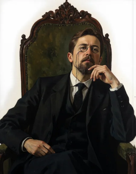 Rembrandt style, <lora:Dark_Ghibli:0.6>, This is a highly detailed, realistic oil painting of a middle-aged man seated in an ornate, high-backed chair with carved wooden arms. The man is dressed in formal attire, wearing a dark suit with a white shirt and a dark tie, and he is adorned with a neatly trimmed beard and mustache. He is gazing contemplatively into the distance with a serious expression, resting his chin on his right hand. The man's hair is neatly combed, and he is wearing round, wire-rimmed glasses that reflect light. The chair he sits in is upholstered in a deep green fabric, adding a touch of elegance to the scene. The background is plain white, ensuring that the subject and the chair are the focal points. The painting is executed with meticulous attention to detail, capturing the textures of the fabric, the smoothness of the wooden chair, and the fine lines of the man's facial features. The overall style is classical, reminiscent of 19th-century portraiture, with a focus on realism and depth. The painting's lighting is soft and even, highlighting the man's face and the chair without harsh shadows, creating a serene and contemplative atmosphere., . Baroque, chiaroscuro, realistic, emotional, "flat, <lora:Ð§ÐÐ¥ÐÐ:1>, lighting
