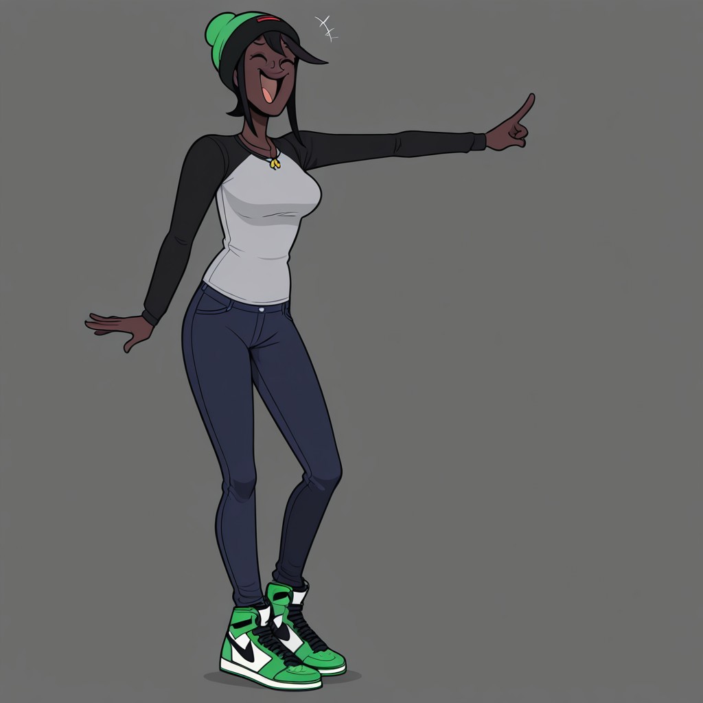Skyla, 1girl, solo, Black hair, very dark Skin, Brown Skin, freckles, Black/Red/Green Pan-African Knit Beanie, Black Long-Sleeved Gray T-Shirt, Necklace, Dark Blue Skinny Jeans, Green/White/Black Air Jordan Sneakers
 Skyla smiling with her eyes closed while making the peace sign