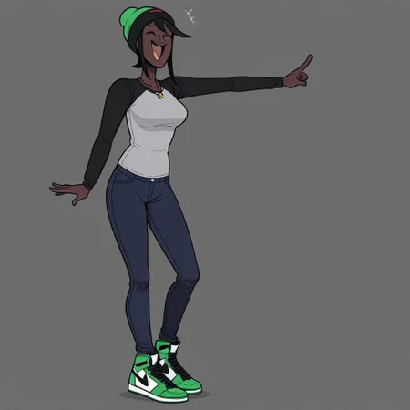 Skyla, 1girl, solo, Black hair, very dark Skin, Brown Skin, freckles, Black/Red/Green Pan-African Knit Beanie, Black Long-Sleeved Gray T-Shirt, Necklace, Dark Blue Skinny Jeans, Green/White/Black Air Jordan Sneakers
Skyla smiling with her eyes closed while making the peace sign