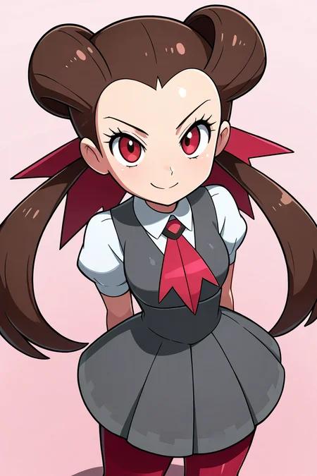 masterpiece, best quality, 1girl, solo, 21 year old model, eyelashes, (beautiful eyes), zzRoxanne, roxanne (pokemon), red eyes, long hair, brown hair, twintails, hair pulled back, pantyhose, ascot, grey dress, short sleeves, ribbon, shirt, hair ribbon, <lora:RoxannePokemonIXL:1.0>, from above, dynamic pose, cowboy shot, smile, looking at viewer, shiny skin,<lora:LandidzuStyleIXL:1.0>,