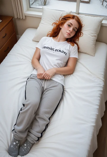 score_9, score_8_up, score_7_up, 1girl, solo, ginger hair, french braid, perky breasts, freckled skin, t-shirt, sweatpants, wool socks, in bedroom, laying on bed, laying on back, head on pillow, looking at viewer, window, strong heavy snowfall outside, full body, from above