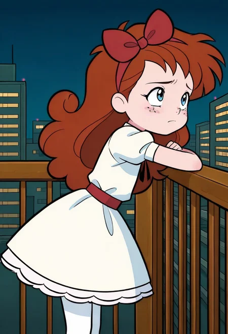 masterpiece, best quality, extremely detailed, highres, 1girl, solo, little girl, child, blue eyes, brown hair, long hair, curly hair, freckles, red hairband, red hair bow, white dress, white collar, short sleeves, puffy sleeves, red belt, white petticoat, white pantyhose, standing, leaning against the railing, looking up, sad, outdoors, city, night, retro artstyle, side view, upper body, (closeup),