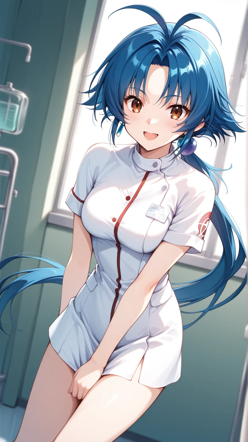 source_anime, general, best quality, masterpiece, 1girl, <lora:Aria_Advance_ill_v1.1:1> aria_advance\(srw\), brown eyes, blue hair,medium breasts,long hair,low ponytail , jewelry,earrings,nurse, happy, (embarrassed:0.8), dynamic pose, dutch angle,