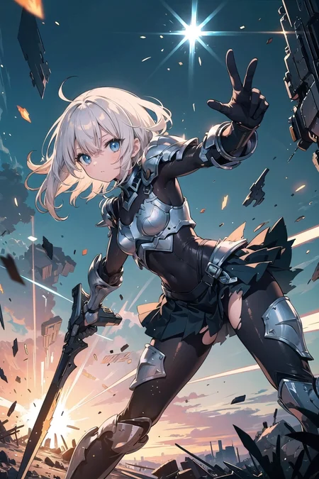 (masterpiece),  1girl,  science fiction,  weapons,  action pose,  dynamic angle,  light particles,  torn clothes,  damaged armor,  bodysuit,  armored skirt