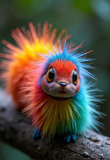 furry caterpillar, rainbow colored fur
