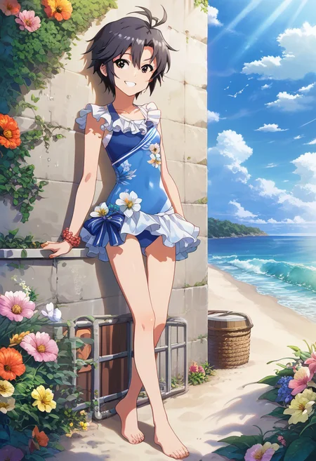 score_9, score_8_up, score_7_up, score_6_up, source_anime, <lora:Worldly_XL:1> sunlight, ocean, waves, clouds, flowers, people, 1girl, solo, carefree Kikuchi Makoto at the beach, <lora:KikuchiMakoto_pony_v1:0.9> kkcmkt, short hair, black hair, antenna hair, hair between eyes, black eyes, flat chest, small breasts, smile, barefoot, summer clothes, beachwear, swimwear, <lora:loraeyesxl:0>