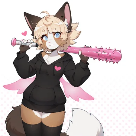 masterpiece, high resolution, ultra quality, best quality, female 1girl, solo, Score_9, Score_8_up, Score_7_up, best quality, source furry, furry, ChiChi, light blue eyes, brown fur, cream fur, multicoloured fur, blonde hair, brown ears, fox tail, animal tail, fox ears, animal ears, fox nose, animal nose, playful and slightly awkward expression, cartoonish stylized features, curvy and slim build, plain white background with dotted gradient, fake pink wings on back, pink heart-shaped spiked bat, black hoodie, black thighhighs, standing,