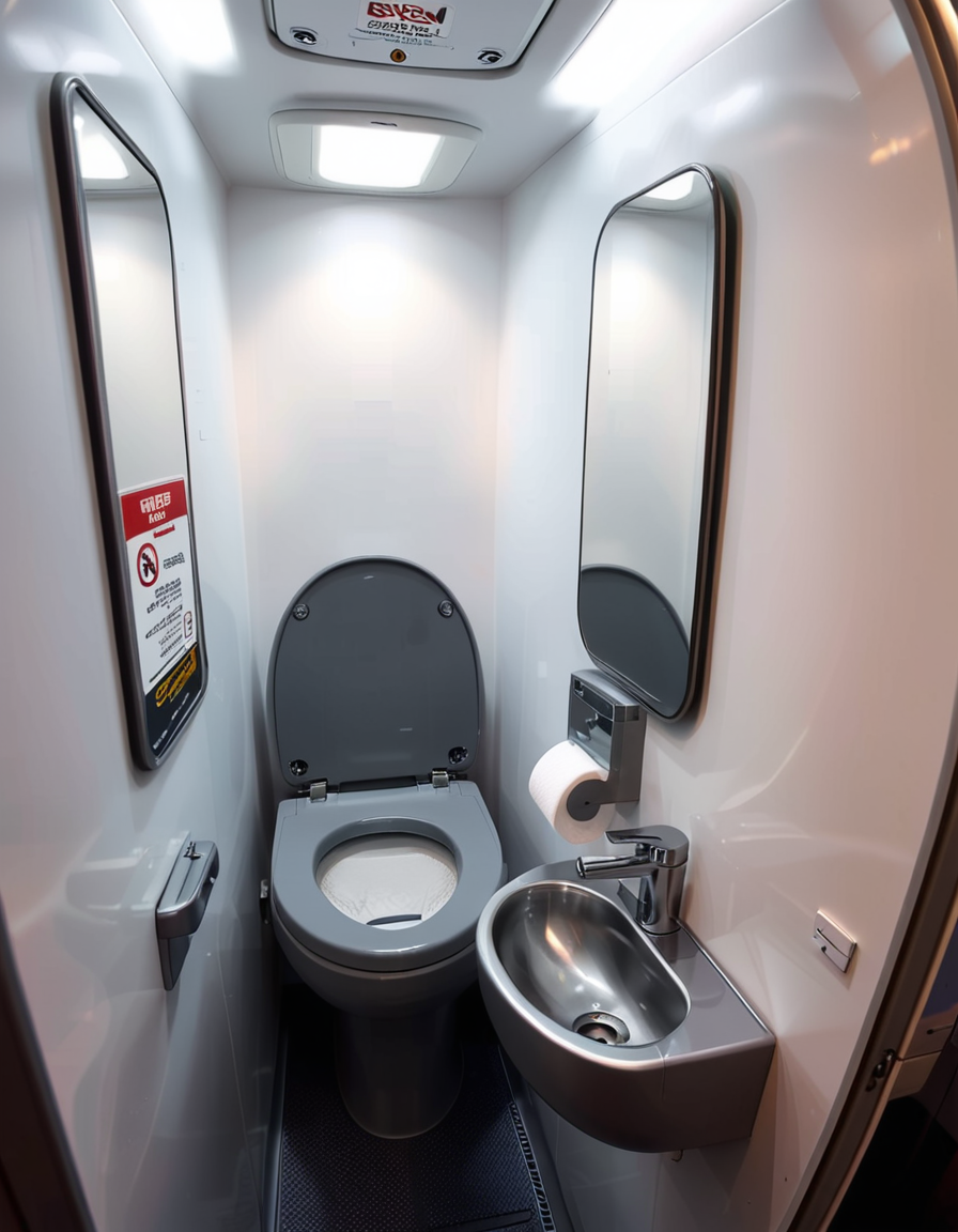 A highly detailed and realistic photograph of an airplane lavatory. The small, compact space features light gray plastic walls with subtle texture, a stainless-steel sink with a motion-sensor faucet, and a mirror reflecting the narrow interior. The toilet is sleek, with a closed lid and a small instruction sticker on top. A soft, dim overhead light illuminates the space, creating a sterile yet functional atmosphere. On the side, a dispenser for paper towels and a built-in trash compartment are visible. The door has a small lock mechanism and an 'Occupied' sign. The floor is dark, non-slip material, and there are small signs with safety instructions in multiple languages. The perspective is slightly wide-angle, capturing the entire space from a slightly tilted angle, emphasizing the compact design. 
<lora:SDXLFaeTastic2400:0.4> <lora:extremely_detailed:0.4> extremely detailed,<lora:airplane_l4v4t0ry:1>,airplane l4v4t0ry, Masterpiece,best quality,hi res,8k,hi res,8k,award winning,(sharp focus, intricate, highly detailed),
