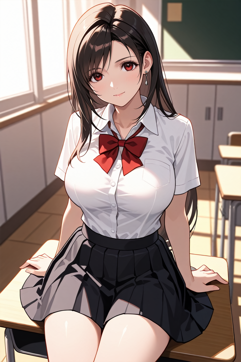 masterpiece, best quality, absurdres,
<lora:ILFF7Tifa:0.8>
FF7Tifa, 1girl, black hair, red eyes, long hair, looking at viewer, in classroom, school uniform, sitting