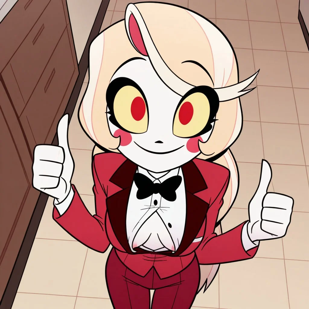 (masterpiece,best quality:1.4),Doompy,Expressiveh,score_9, score_8_up, score_7_up,cartoon style,1girl,smile,charlie morningstar, blonde hair, very long hair, low-tied long hair, red eyes, yellow sclera, blush stickers, shirt, white shirt, long sleeves, red jacket, red pants, bowtie, black bowtie, thumbs up, revealing berasts, open shirt, medium breasts, nipple peek,
leaning forward, view from above, looking up at viewer,