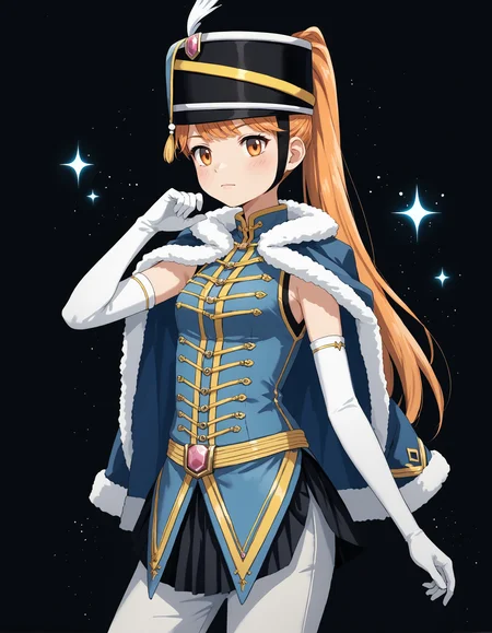 score_9, score_8_up, source_anime, 1girl, upper body, medium shot, detailed, mgrckirarihikaru, orange hair, high ponytail, orange eyes, black hat, hat feather, blue fur-trimmed coat on shoulders, blue vest, white elbow gloves, yellow belt, pink belt gem, black overskirt, white pants, hand up, black background, sparkles, <lora:mgrckirarihikaru_XL:1>