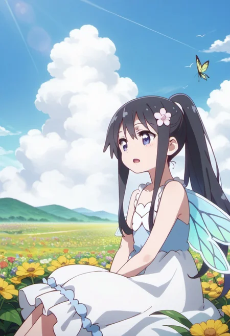 score_9, score_8_up, score_7_up, source_anime, shirosaki hana, long hair, black hair, blue eyes, 1girl, flower, wings, solo, dress, ponytail, day, outdoors, fairy wings, sky, open mouth, sitting, cloud