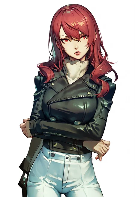 score_9, score_8_up, score_7_up, ultra-detailed, good lighting
(((1 girl))), solo female
full view, facing camera,
red eyes, strong expression, posing,
standing, arms crossed under breasts,. one leg extended to the side
(white background) p3mitsuru-wincas, jacket, black jacket, leather jacket, double-breasted jacket, pants, white pants, knee boots, high heel boots, black footwear