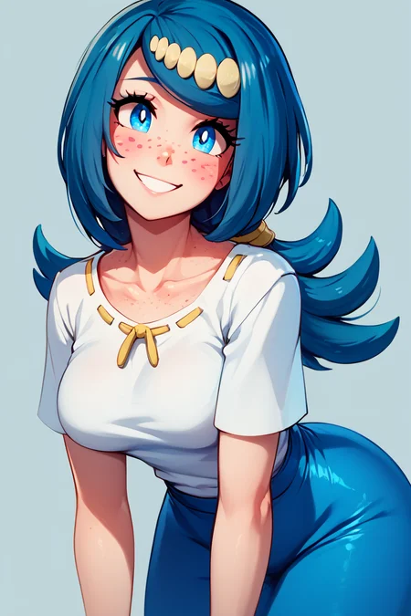 score_9, score_8_up, score_8, medium breasts, (curvy), cute, eyelashes, BREAK, , zzLanasMother, blue hair, blue eyes, long hair, freckles, large breasts, hair ornament, white shirt, blue skirt, <lora:LanasMother_Pokemon_PDXL_Citron:0.8>, , BREAK, looking at viewer, smile, upper body, leaning forward, head tilt, embedding:zPDXL, Expressiveh, <lora:theButcherXPDXL:1.0>, <lora:CatalystStylePDXL:0.6>, <lora:SDXLFaeTastic2400:0.5>, <lora:Expressive_H-000001:0.4>,