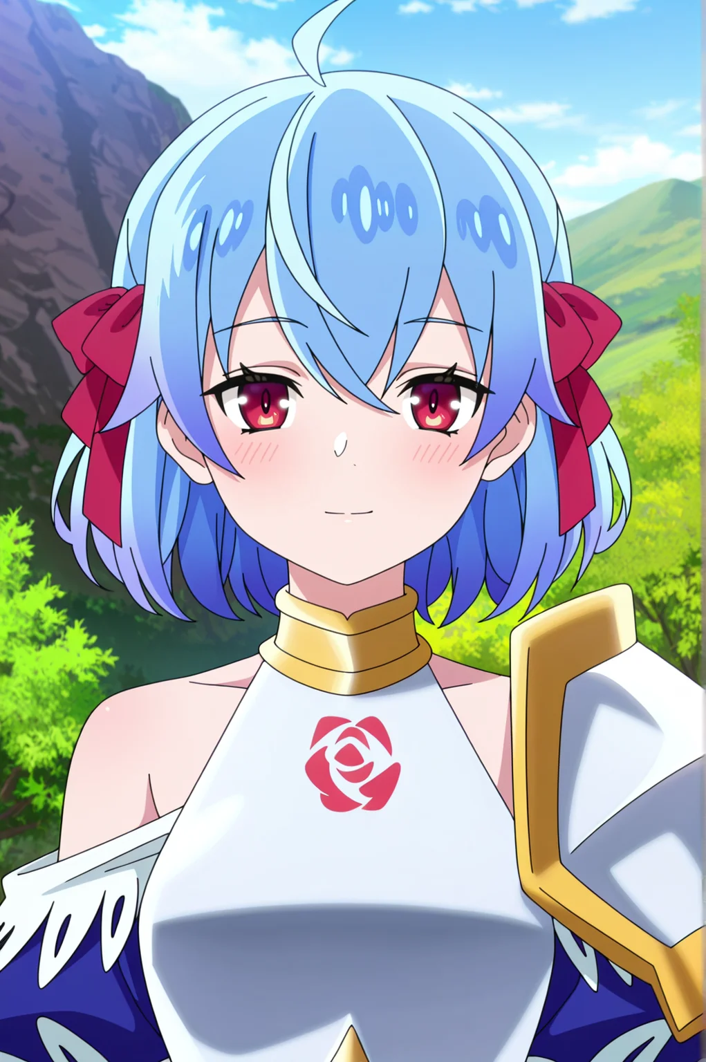 masterpiece, best quality, absurdres, highres, very aesthetic, very awa, BREAK, anime coloring, anime screencap,
<lora:ruti_ragnason_v1-illustrious:1>, 1girl, ruti ragnason, shin no nakama, red eyes, blue hair, ahoge, short hair, hair bow, red bow,
rutyusha, breastplate, floral print, single bare shoulder, shoulder armor,
BREAK, looking at viewer, light smile, upper body, day, blush,
BREAK,