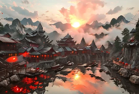 ((score_9, score_8_up, score_7_up, score_6_up)), ((Masterpiece)), (((Ha Long Bay, Halong Bay, inlay myanmar))), high angle, from above, Photorealistic, India Model, detailed, perfect, perfection, dioramas, watercraft, lake, chinese meticulous ink, panorama landscape, dioramas, architecture, ships, wharf, sea, river, pier, chimney, cloud, town, house, water, ((blood-red sunset, large sun, volumetric lighting, god rays)), ((Lake water reflecting red light)), dracula japan village, Japan, enchanted fortress and fortified castle, above the clouds, mystical atmosphere, detailed stone and wood walls, bloody mist swirls around, weibo, drawing, formal, black hair, devil horns, double halo, hunter eyes, holding finger to lips, shush, intimidating retro 90's, red, black, science fiction, a dark sky lit by the glow of distant moons and neon lights. rockpunk, yoji shinkawa, James Jean, Ayami Kojima, village, <lora:EnvyPanoramaXL01:0.5>, Hand, detailed, perfect, perfection, hands, India Model, Beautiful, Photorealistic, chinese meticulous ink, illustration
