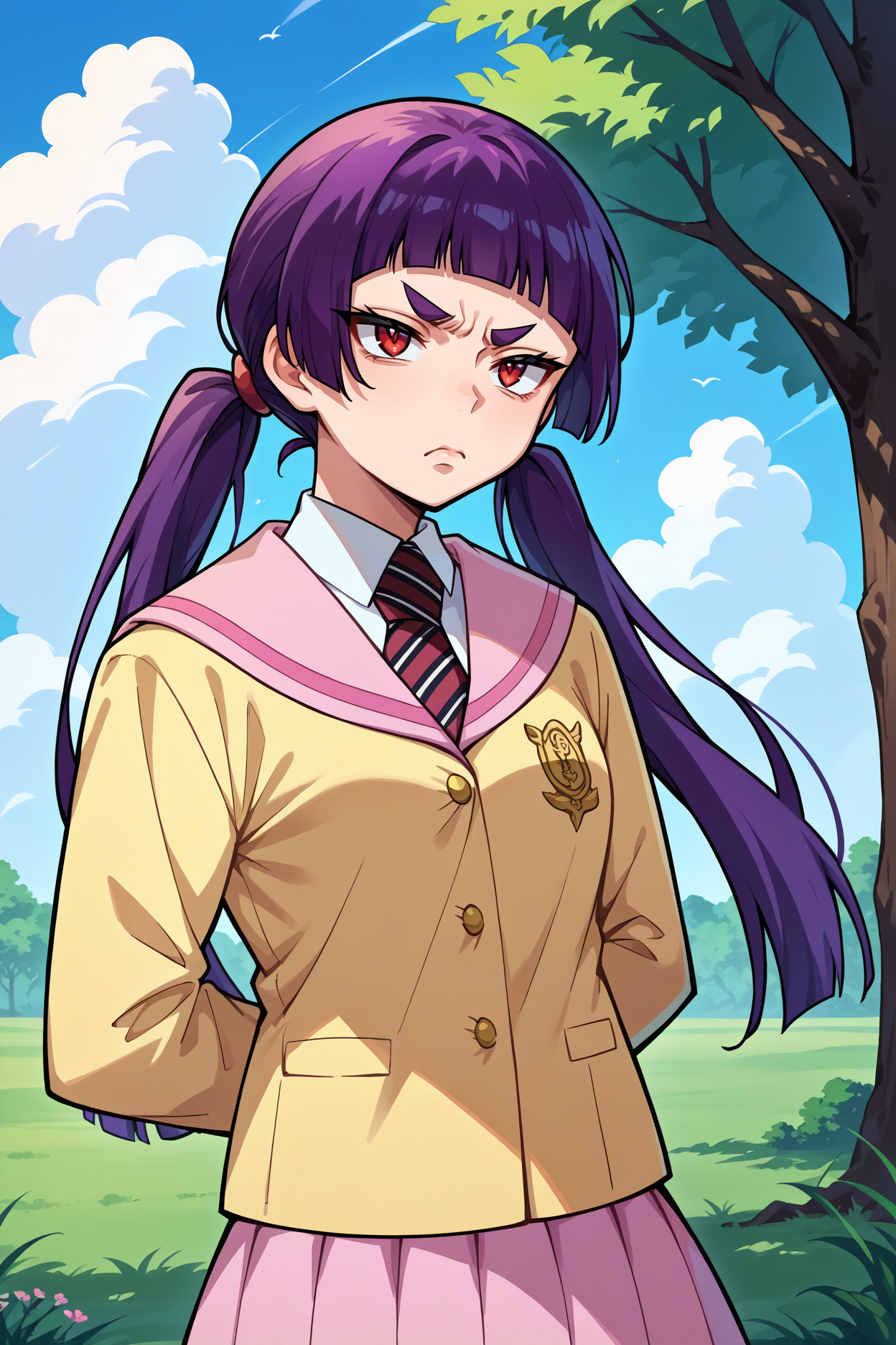 score_9, score_8_up, score_7_up, score_6_up, source_anime, 1girl, solo, <lora:kamikiizumo-pdxl-nvwls-v1-000006:1> izumokamiki, eyebrows, dark purple hair, low twintails, blunt bangs, red eyes, striped necktie, collared shirt, pink sailor collar, yellow blazer, white shirt, lavender skirt, breasts, arms behind back, annoyed, rolling eyes, blue sky, clouds, trees, field