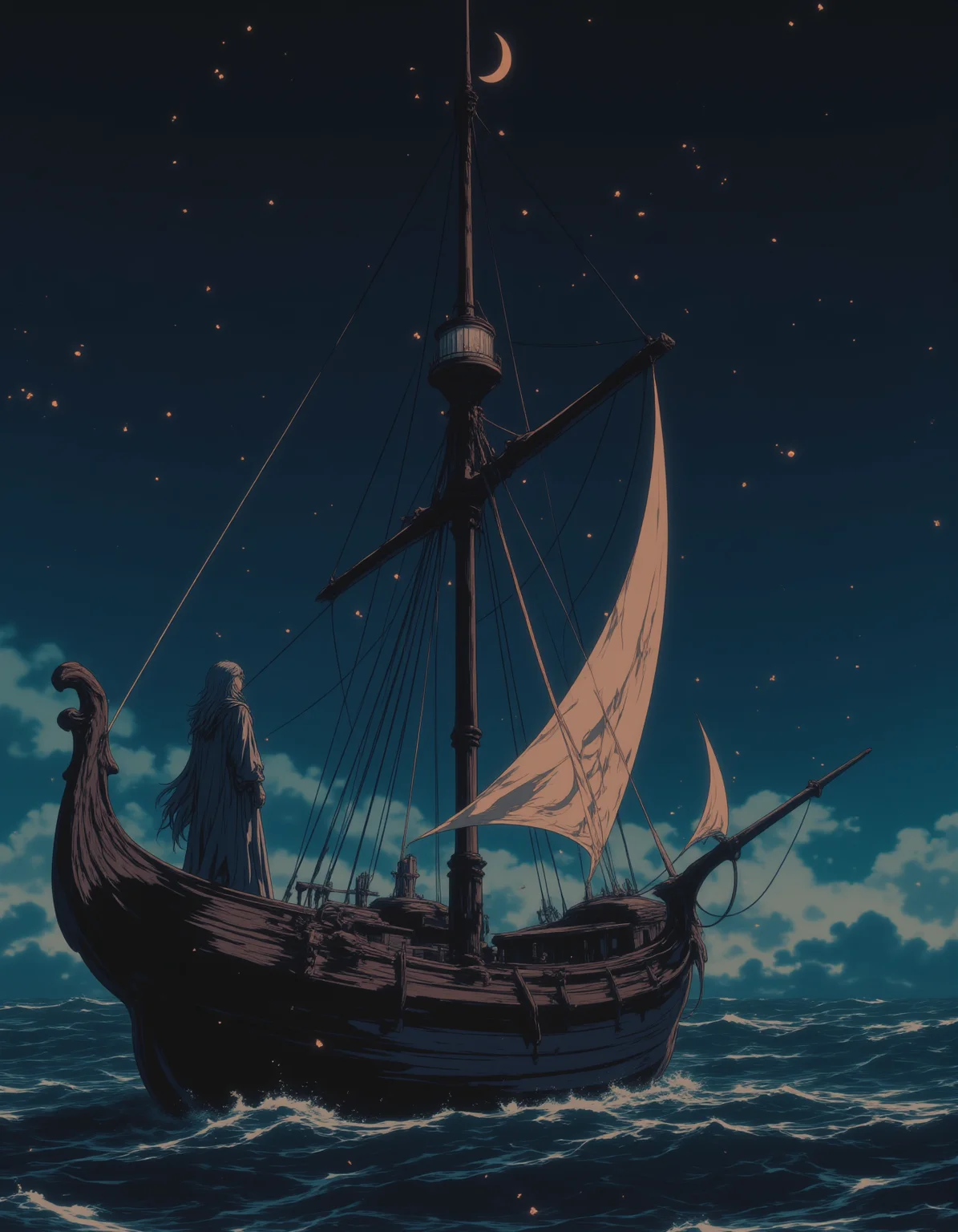 A woman with long, silver hair stands on the deck of a ship sailing through a sea of stars. The ship is crafted from dark wood, its sails glowing with a faint, magical light. She gazes out into the vastness of space, where distant galaxies and nebulas swirl in the darkness.,
 <lora:NeonFantasyFLUX:0.8> ne0nfant4sy,