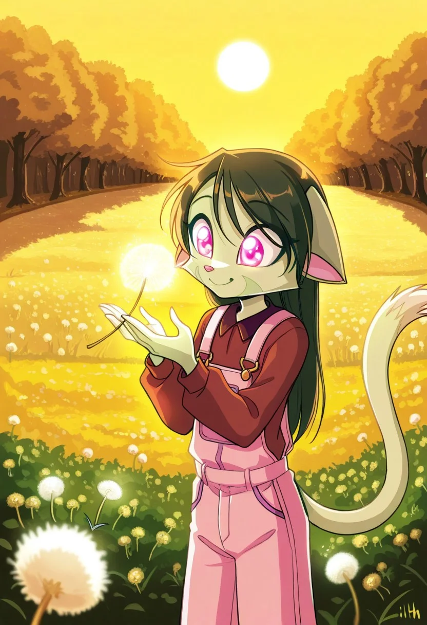 score_9, score_8_up, score_7_up,lilith_calah,
1girl,solo,furry,tail,dark green hair, source_furry,
,<lora:lilith_calah_illustrious:0.8>,
child, kid,
blowing a dandelion puff, seeds floating around her like glitter under golden-hour sunlight, her hair glowing softly., dandelion, blowing, glitter, golden_hour, smile, happy, cute, overalls, outdoor, nature, peaceful, pastel_colors