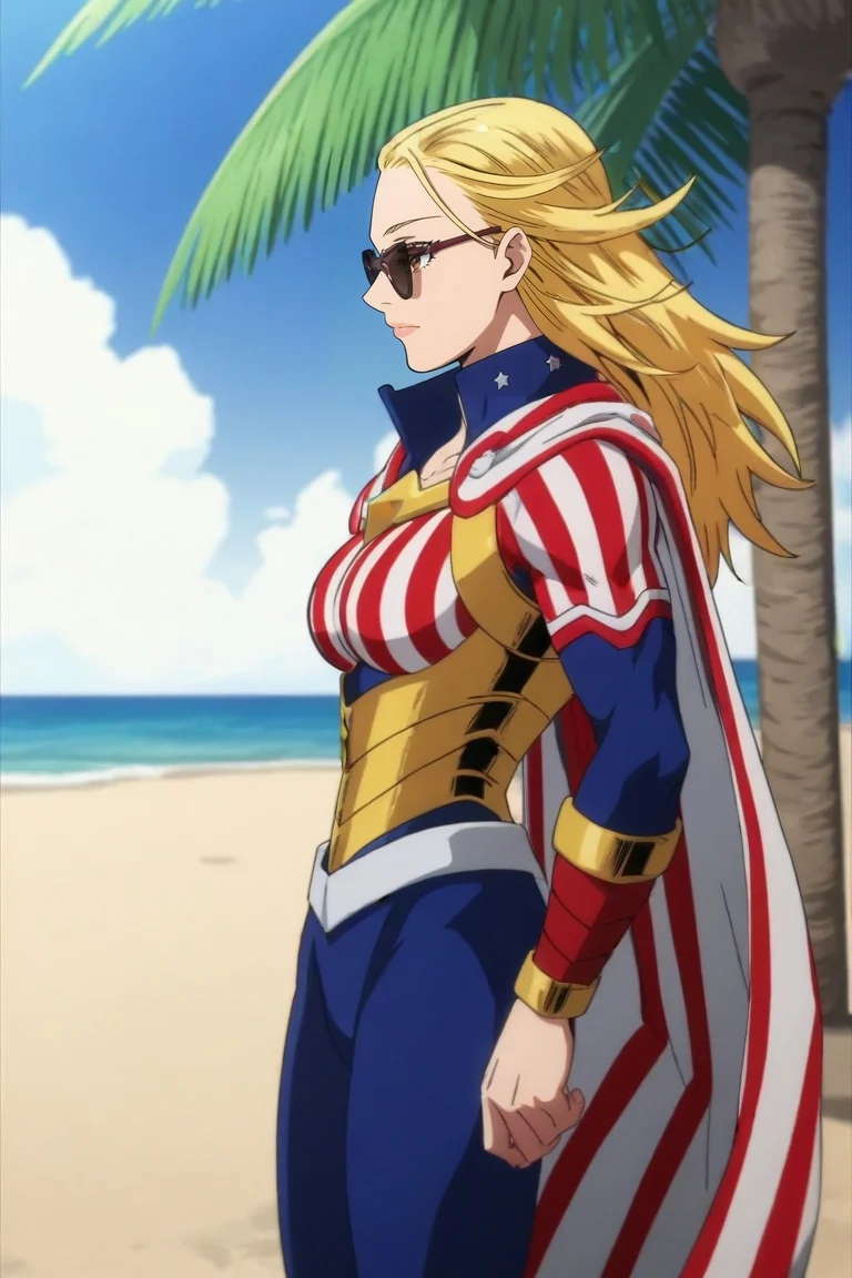 score_9, score_8_up, score_7_up, source_anime, rating_safe, , anime screencap, , , , , 1girl, solo, <lora:cathleen_bate_pony:0.82>, cathleen_bate, blonde hair, brown eyes, long hair, superhero, cape, , bodysuit, , profile, beach, palm tree, towel, dawn, arm at side, happy, capelet, high-waist skirt, sunglasses, <lora:sdxl_lightning_8step_lora:1>