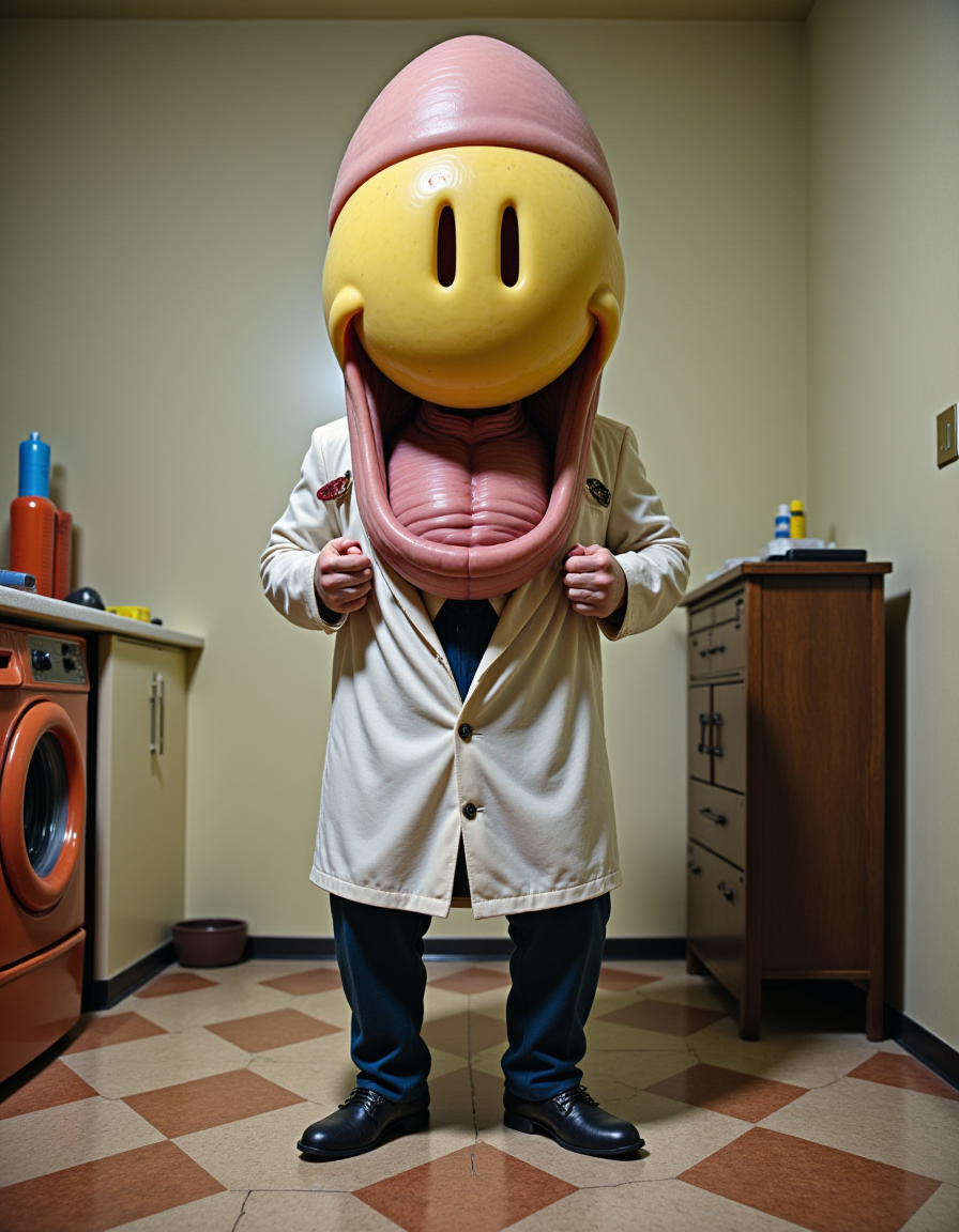 PeenKin, a surreal image where doctor smiley face peen has glans face syndrome is Hugging oneself in a classical era aesthetic laundry.
